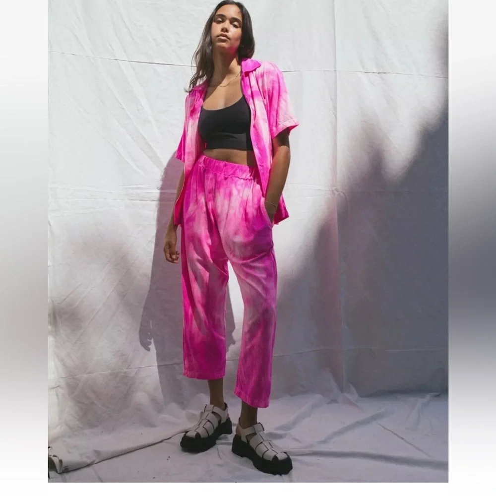 Free People Riverside Tool & Dye Louie Pants Raw Silk Tie Dye Pink White - Picture 1 of 6